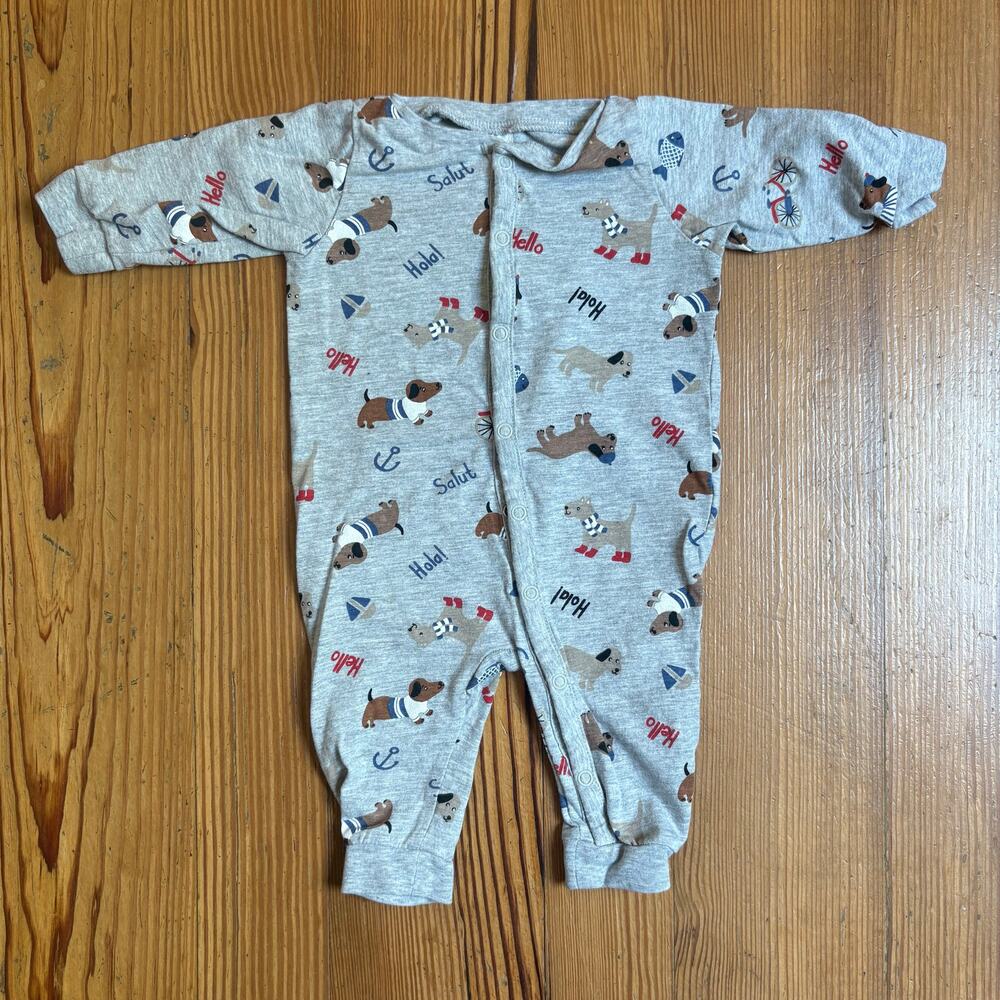 H&M gray dachshund dog long sleeve snap baby‎ pajamas SIZE 0-3M